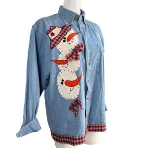 All Sport Denim Snowman Long Sleeve Button Up Shirt Embroidered Christmas M